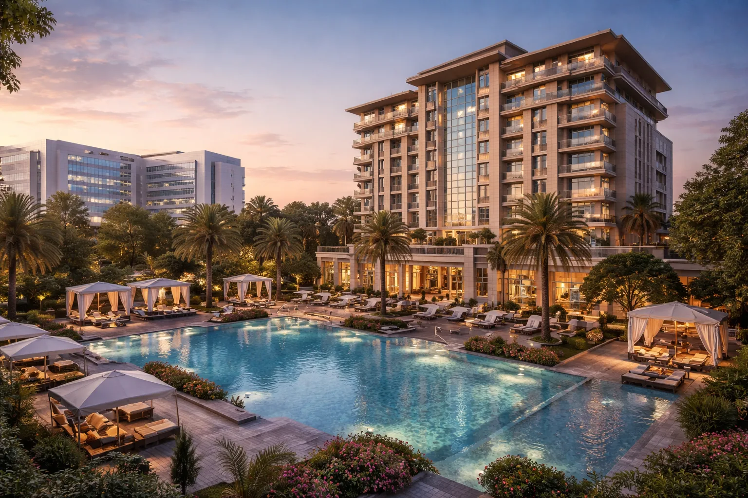 Luxury hotel near Medanta Hospital in Gurugram with modern architecture, premium rooms, landscaped surroundings, and a calm, comfortable environment for patients and families.